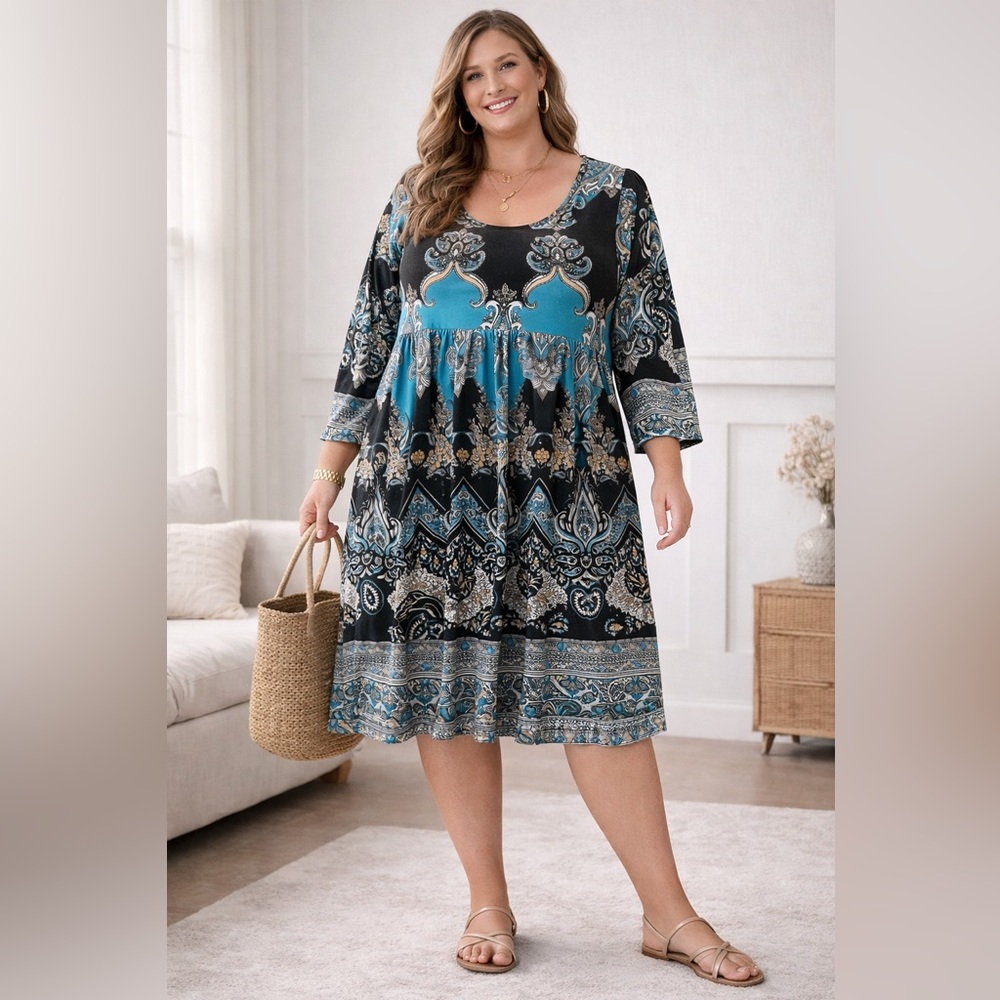 R&B Collection Boho Dress 3XL Teal Black Paisley 3/4 Sleeve Flowy Western comfy